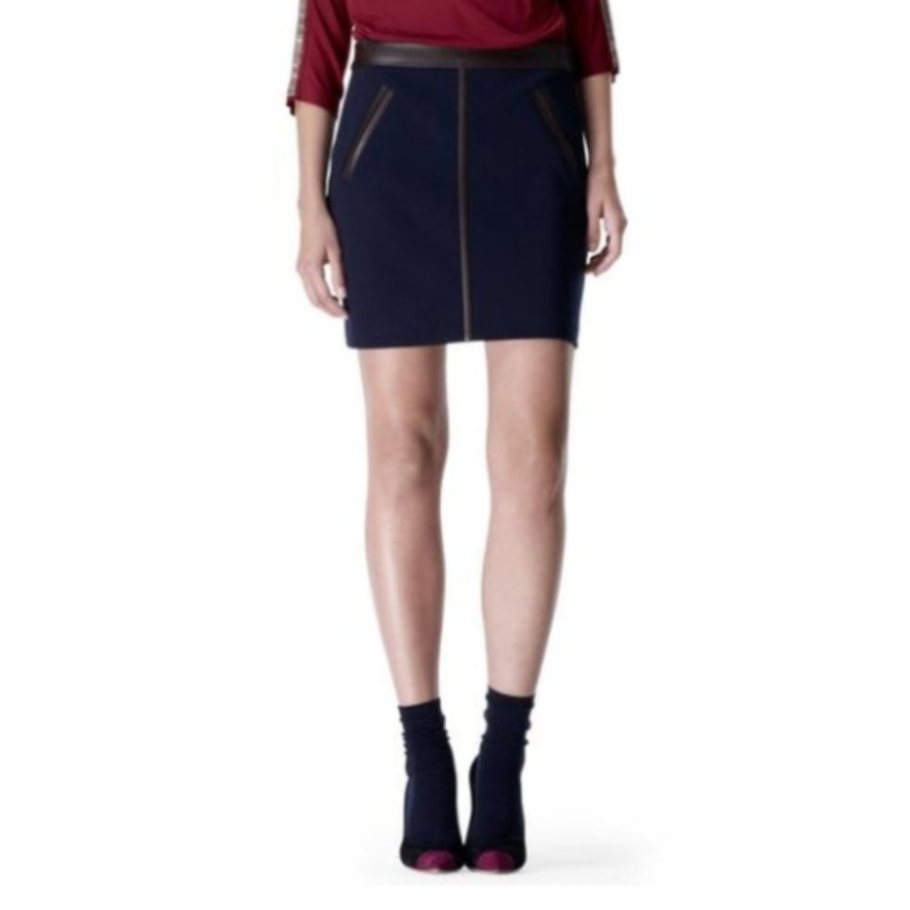 Club Monaco Leather Trim Navy Mini Skirt